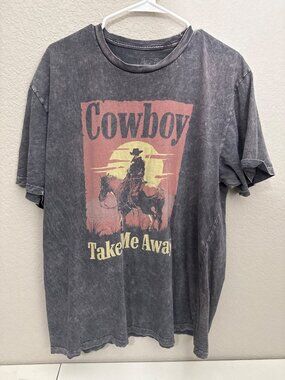 Cowboy Graphic T-Shirt XL Gray Distressed Look Lotus Fashion